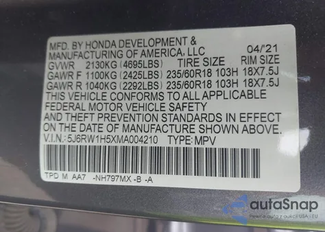 2021 Honda Cr-V 2Wd Ex z USA, uszkodzony, nr VIN 5J6RW1H5XMA004210